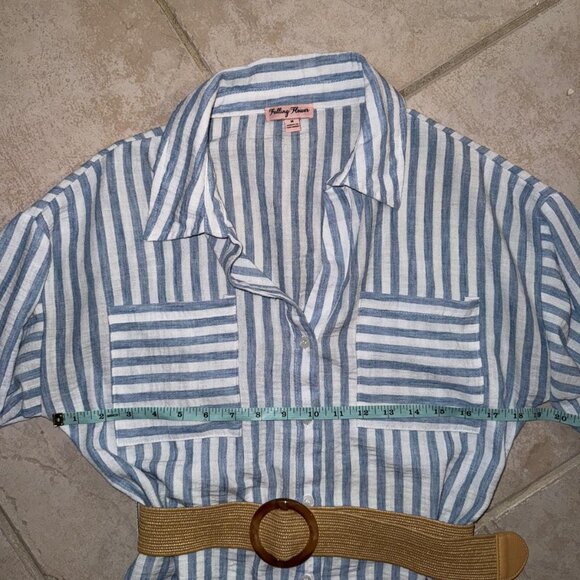 Blue and White stripe shirt dress midi with tan belt size medium 6-8 - Picture 13 of 13